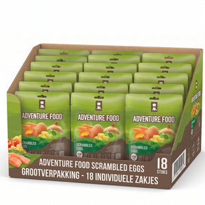 Adventure Food Expedition Breakfast in een kartonnen bulkdoos met 18 individuele maaltijdzakjes van 600 kcal.
