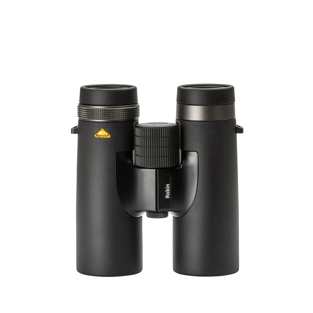 Bynolyt Robin 8x42 dakkant verrekijker met zwarte rubberen bekleding, groot centraal scherpstelwiel en twist-up oogschelpen