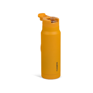 Dometic Chug Bottle 1L detail van het Dometic logo op de gele fles