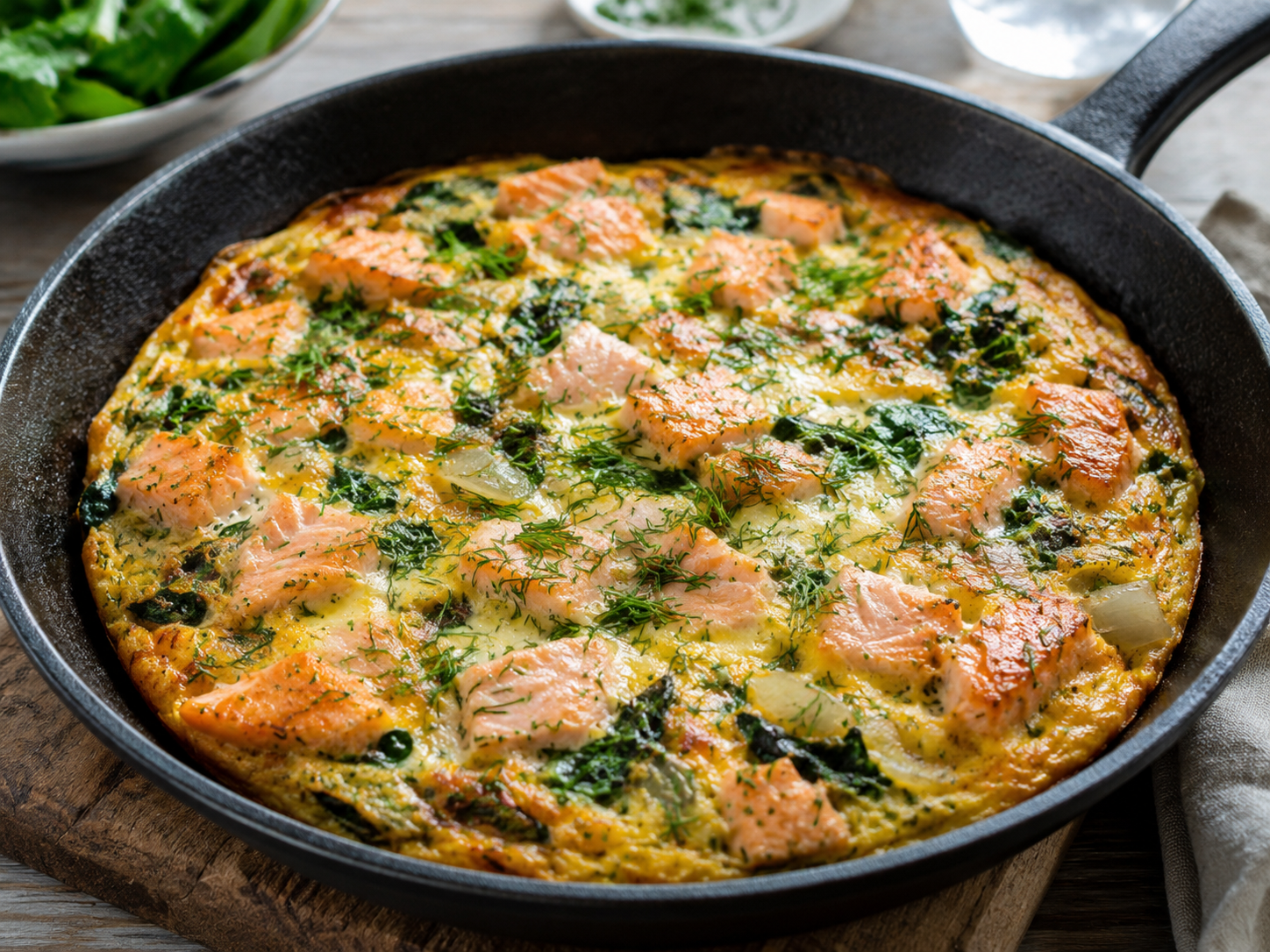 Frittata met zalm, spinazie en dille in een zwarte koekenpan op een houten tafel.