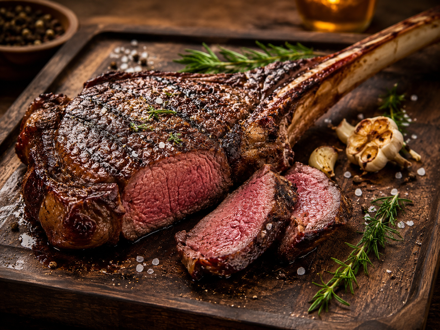 Een sappige, gegrilde tomahawk steak met grillstrepen op een rustieke houten plank. Rondom de steak liggen takjes verse rozemarijn, grove zoutkorrels, peperkorrels en een gepofte bol knoflook.