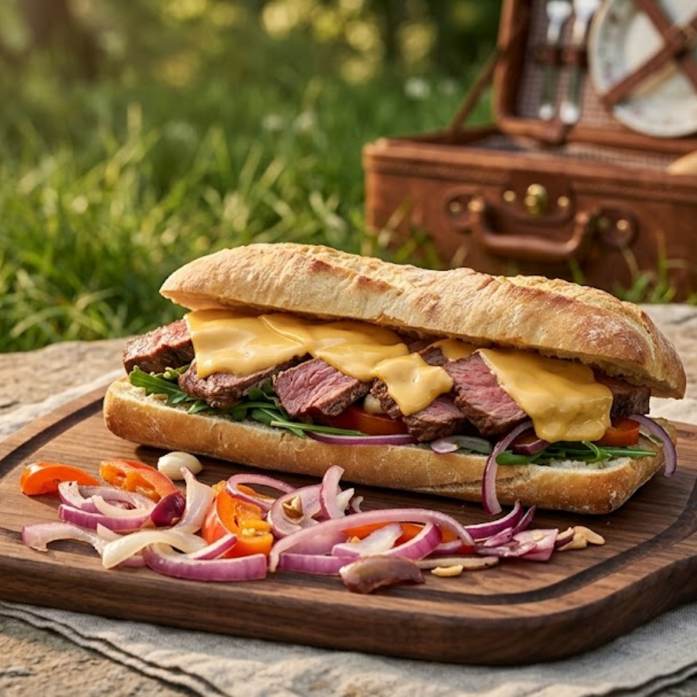 Een luxe, versgebakken broodje biefstuk met gesmolten cheddar kaas, rucola en rode ui, gepresenteerd op een houten snijplank in een zonnige outdoor camping setting