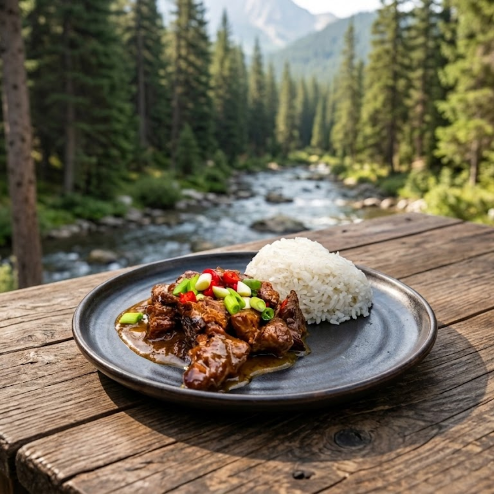 Een bord met Indonesische biefstuk rendang in donkere saus en een bergje witte rijst, geserveerd op een zwarte plank op een houten picknicktafel met op de achtergrond een bos en een rivier.