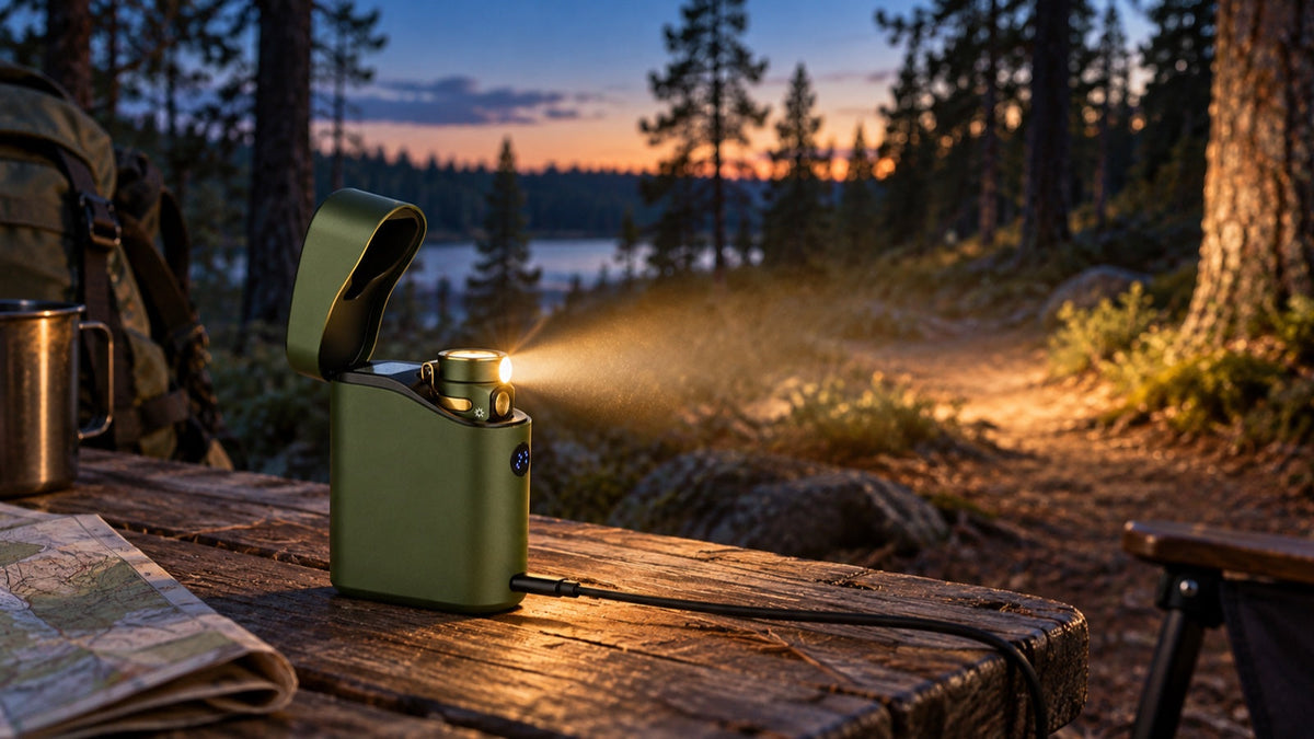 Olight Baton 4 zaklamp op een kampeertafel bij een bospad