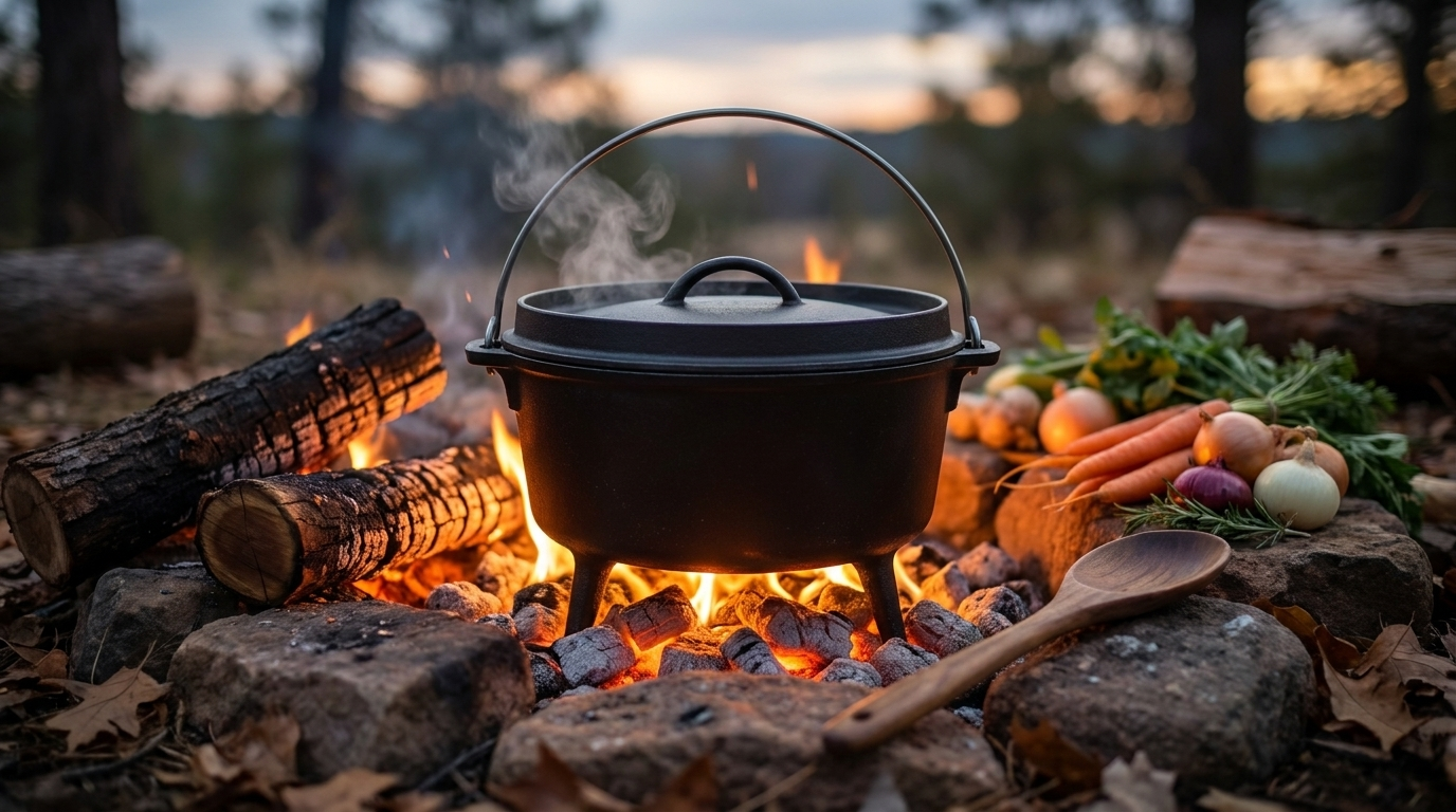 Een gietijzeren Dutch oven met deksel kookt op gloeiende kampvuurkolen in de buitenlucht, met verse groenten en een houten lepel ernaast