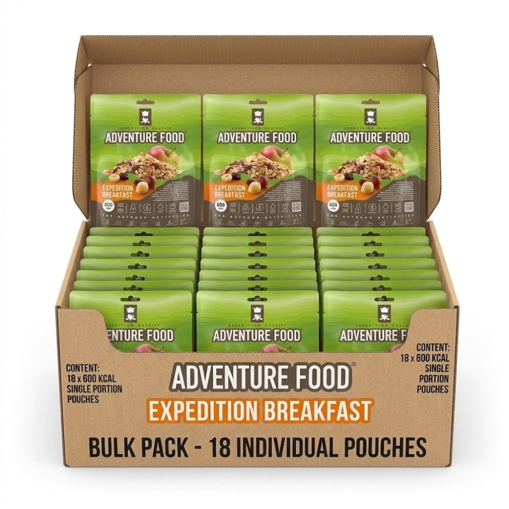 nture Food Expedition Breakfast bulkdoos 18 stuks
Alt-tekst: Adventure Food Expedition Breakfast in een kartonnen bulkdoos met 18 individuele maaltijdzakjes van 600 kcal.