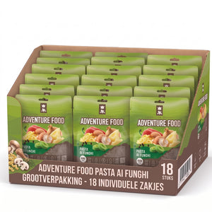 Adventure Food Expedition Breakfast in een kartonnen bulkdoos met 18 individuele maaltijdzakjes van 600 kcal.