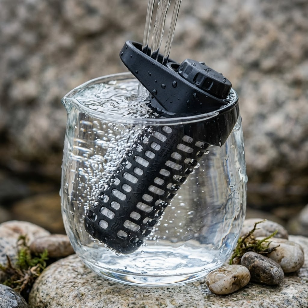 Katadyn BeFree Replacement Cartridge staand in een glazen beker gevuld met water
