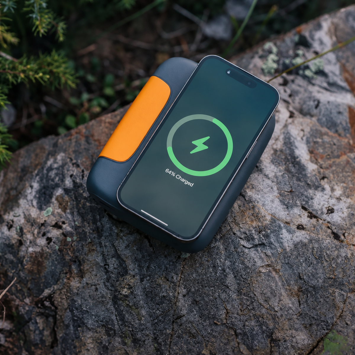 compacte powerbank in grijs en oranje die een smartphone draadloos oplaadt op een rotsachtige ondergrond