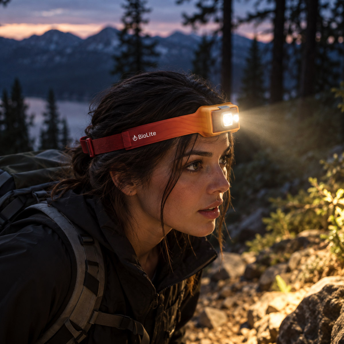BioLite HeadLamp oplaadbare LED-hoofdlamp met oranje hoofdband gedragen door een vrouw in een bergachtig landschap bij schemering