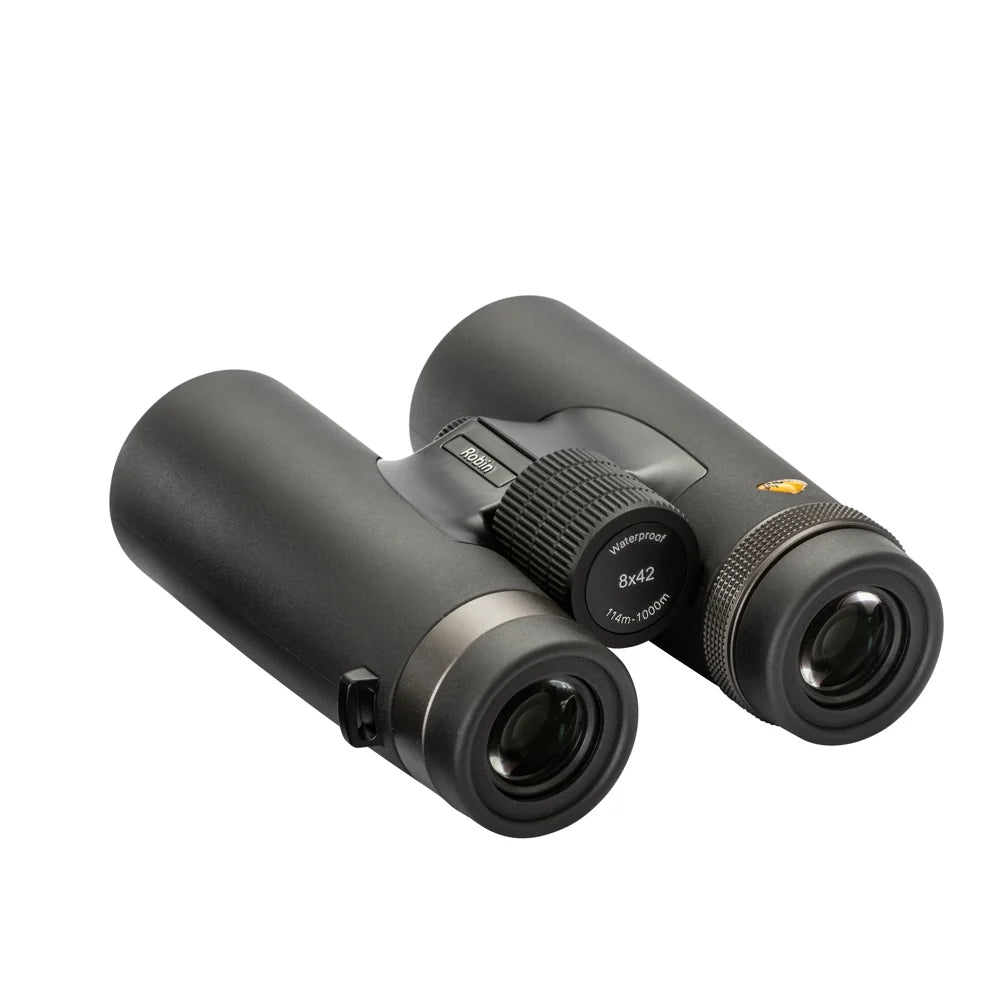 Bynolyt Robin 8x42 dakkant verrekijker met zwarte rubberen bekleding, groot centraal scherpstelwiel en twist-up oogschelpen