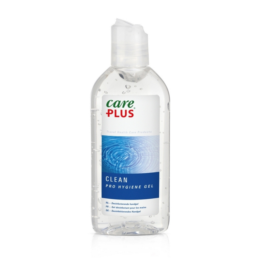 Care Plus Clean Pro Hygiene Gel transparante fles desinfecterende handgel met doseerdop en blauw etiket