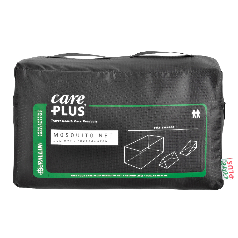 Care Plus Mosquito Net Duo Box geïmpregneerd klamboe in rechthoekige zwarte opberghoes met groen etiket en dubbel handvat