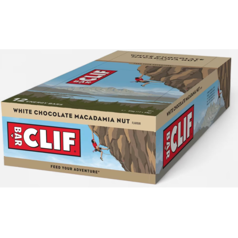 Clif Bar White Chocolate Macadamia Nut energiereep in folieverpakking met witte chocoladestukjes en macadamianoten