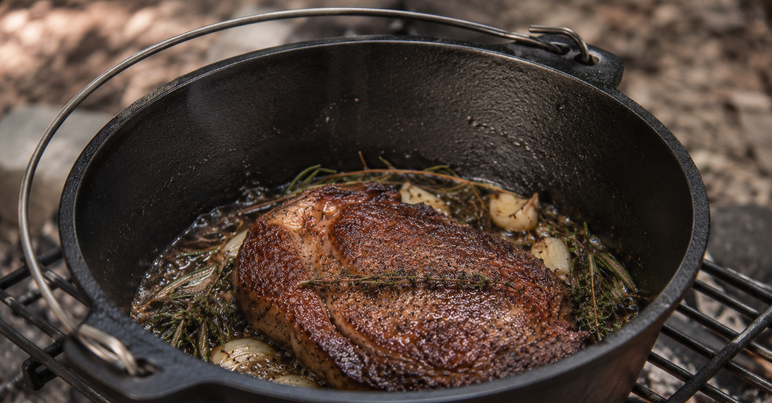 Een perfect goudbruin gebakken Dutch Oven steak met verse rozemarijn, tijm en knoflook, sudderend in een gietijzeren pan boven een open kampvuur.