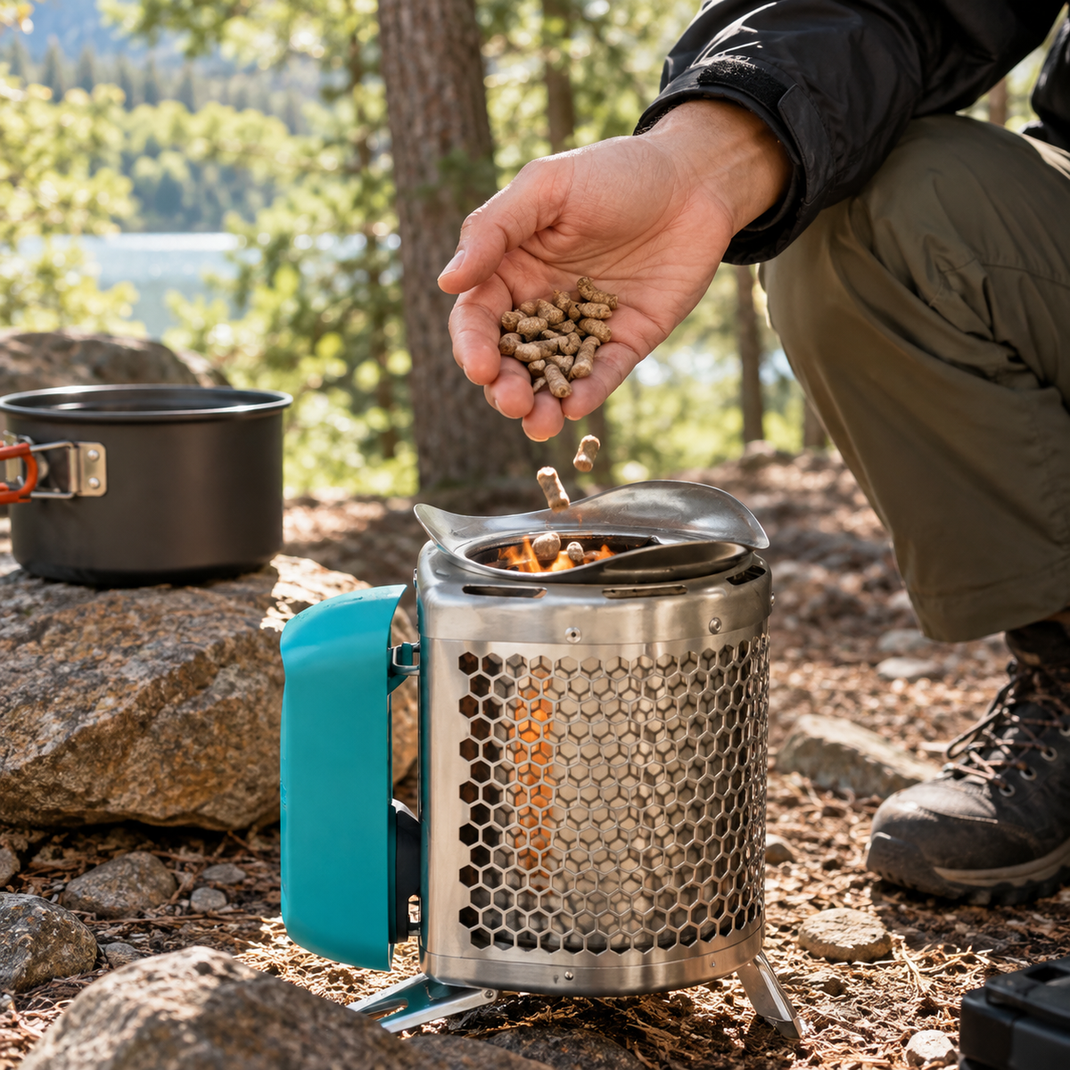 BioLite CampStove 2+ roestvrijstalen houtvergasser met blauwe energiepack die wordt gevuld met pellets in een bosrijke omgeving