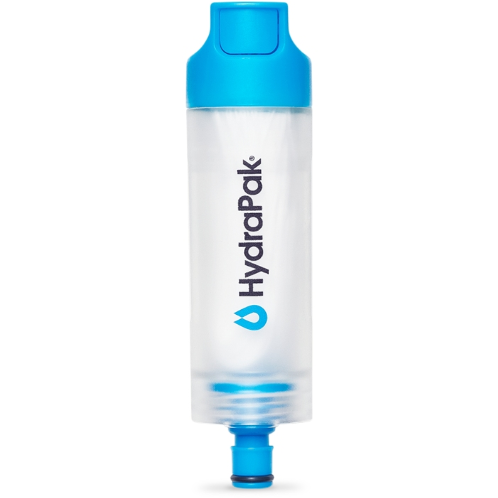 HydraPak inline waterfilter met een transparante cilindervormige behuizing, blauwe dop en blauwe plug-in aansluiting.