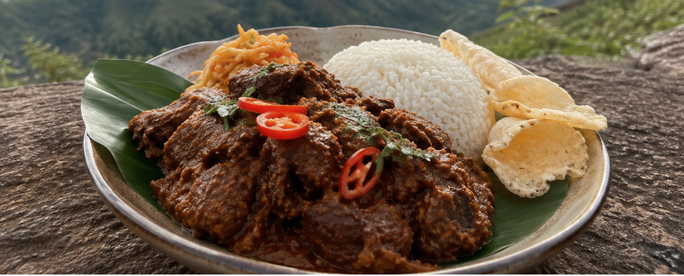 Een kom met rendang, witte rijst en kroepoek op een bananenblad, gefotografeerd tegen een natuurlijke, groene achtergrond.