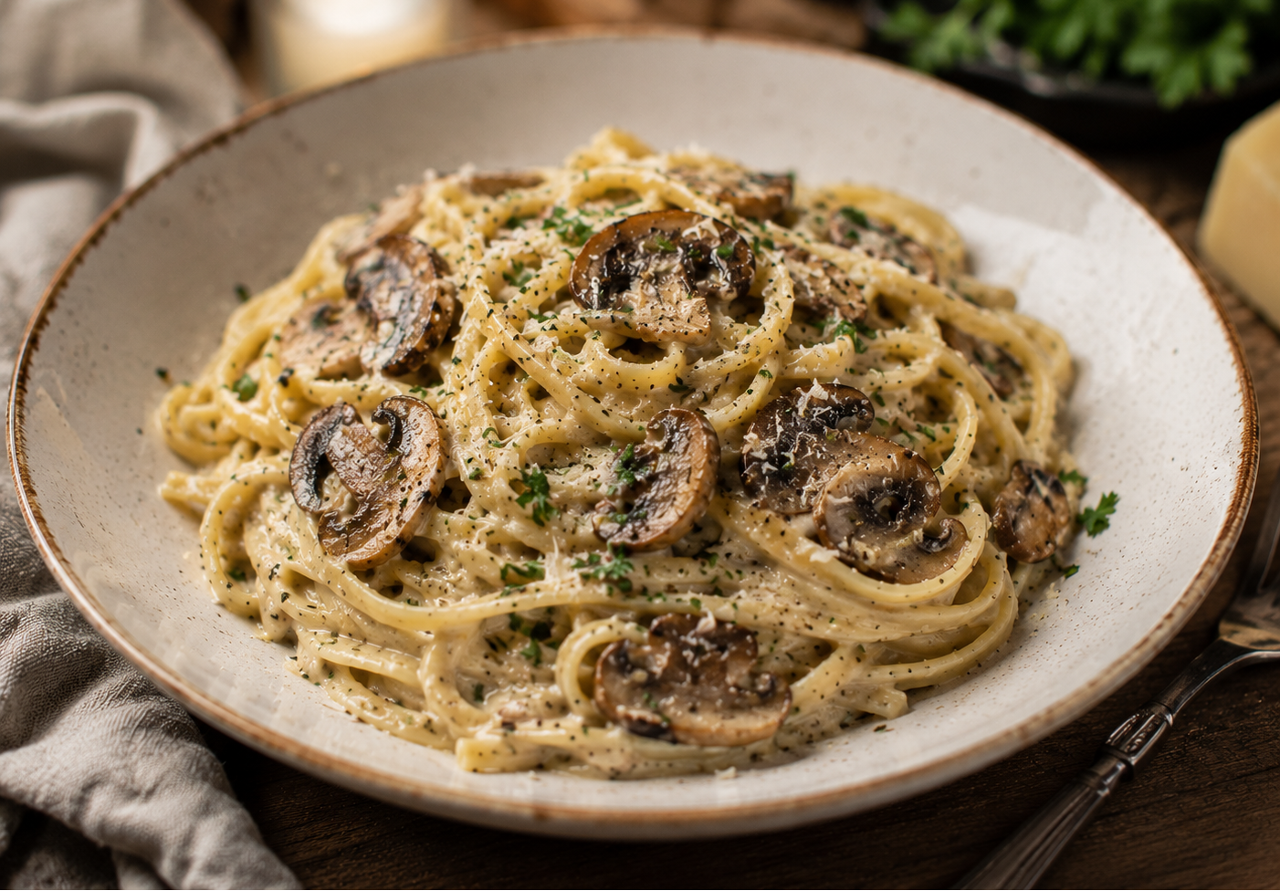 Spaghetti in romige saus met gebakken champignons, geraspte kaas en peterselie in een diep bord