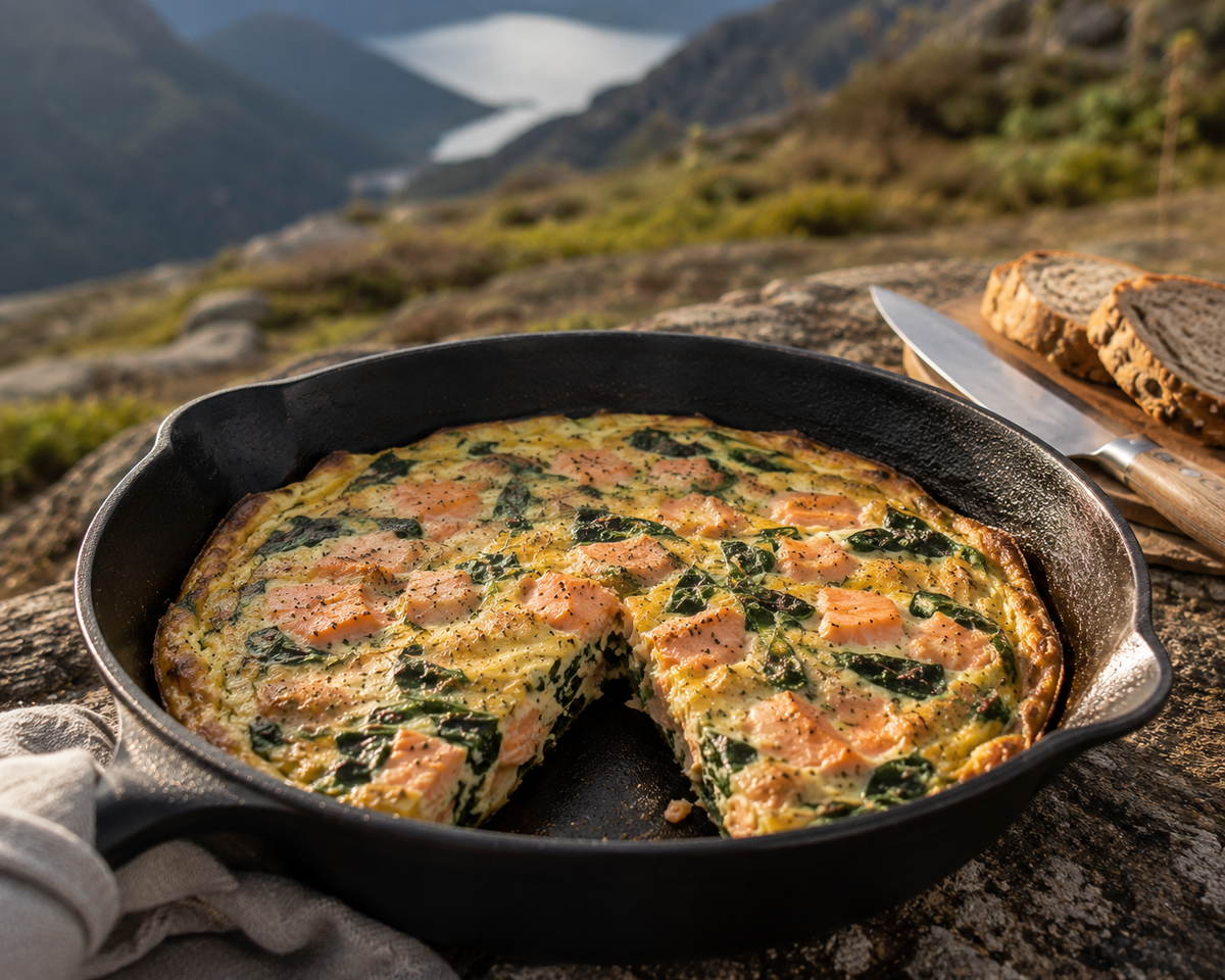 Petromax Skillet gietijzeren koekenpan gevuld met frittata met zalm en spinazie, buiten op een houten tafel