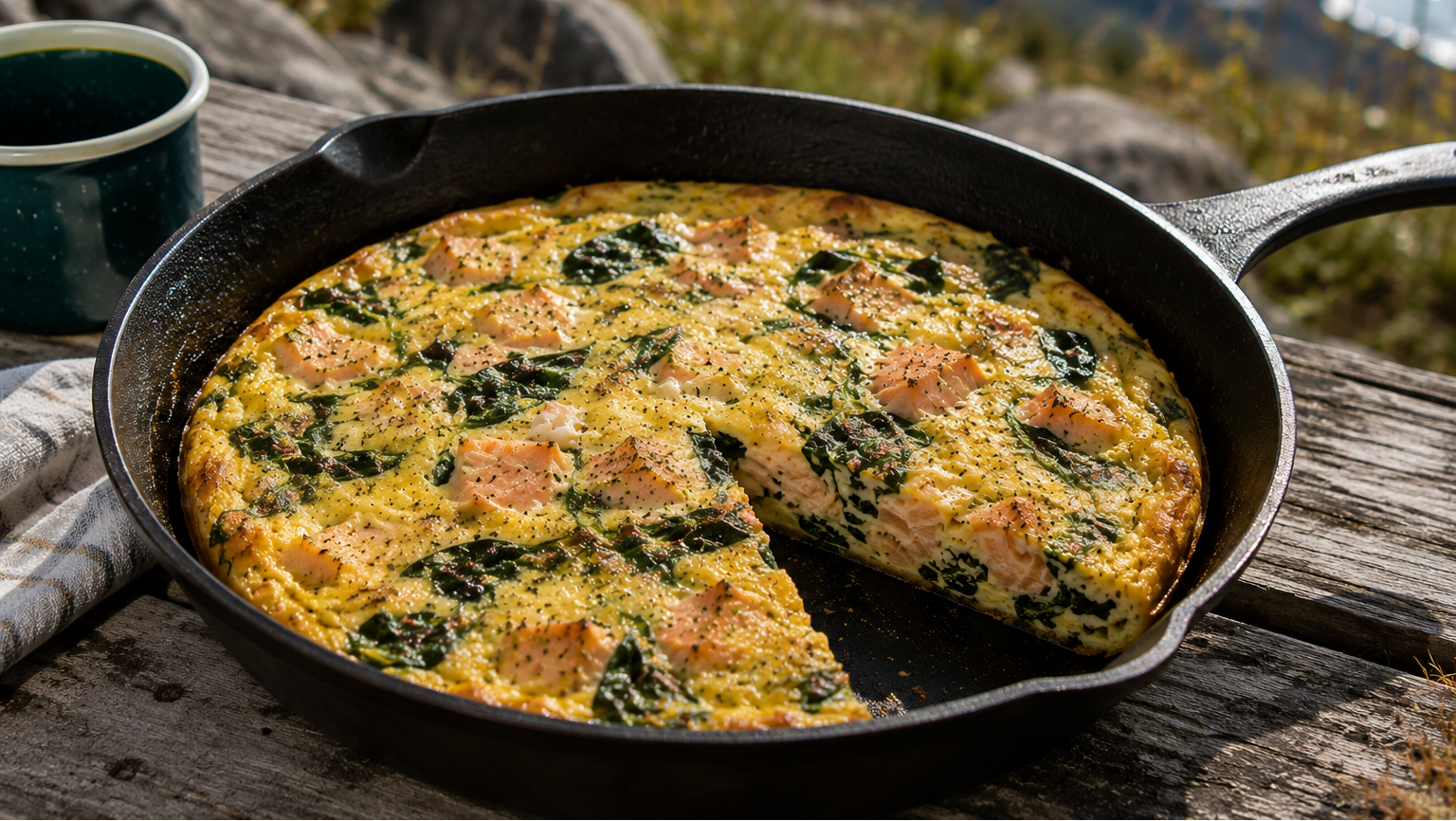 Petromax Skillet gietijzeren outdoor koekenpan met een frittata met zalm en spinazie op een houten tafel
