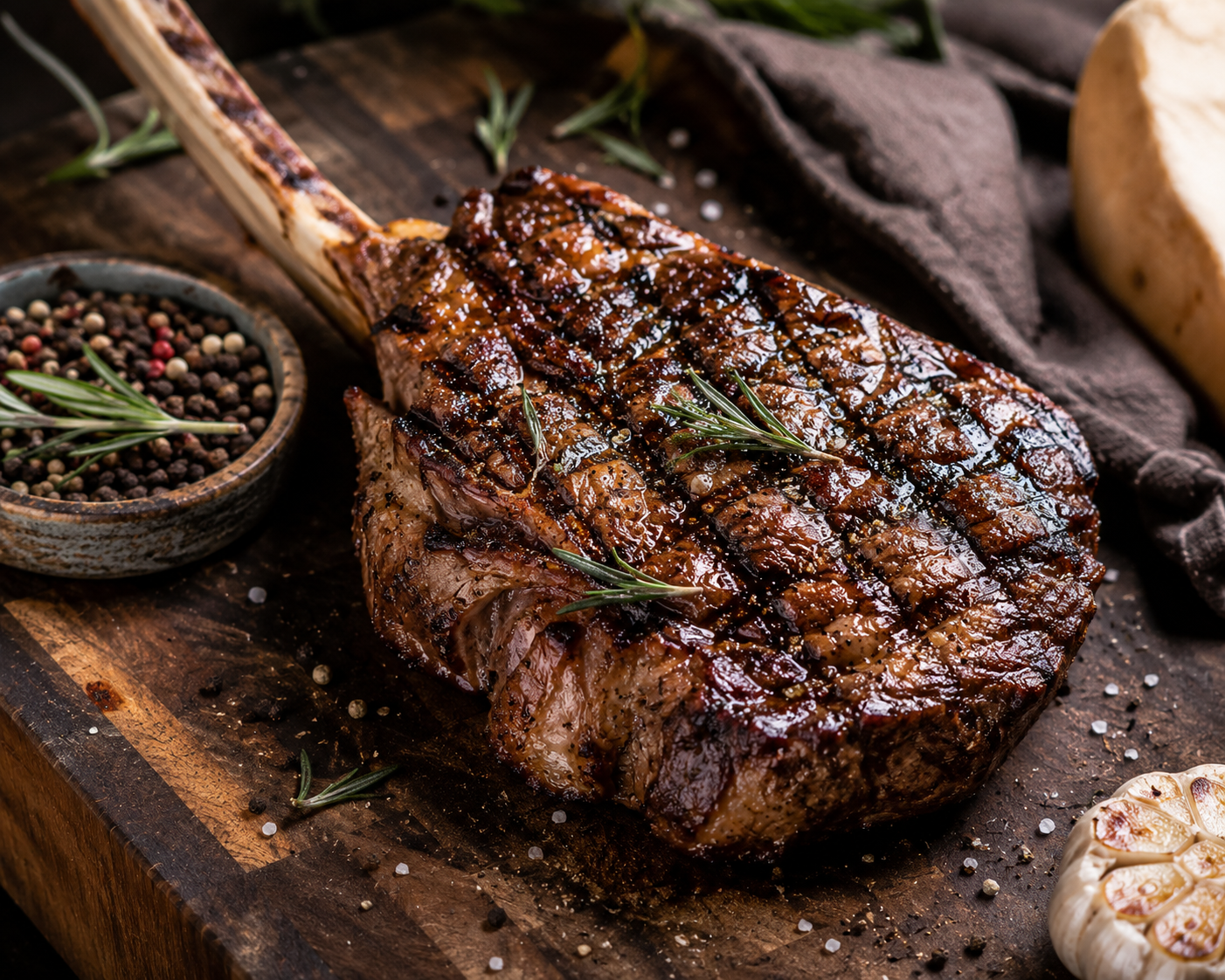 Premium Tomahawk Steak met grillstrepen, rozemarijn en peperbolletjes op een houten snijplank