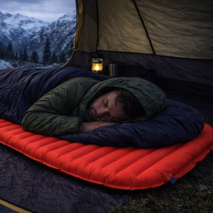 Persoon ligt te slapen op de rode Therm-a-Rest ProLite Apex Heat Wave L slaapmat in een tent   