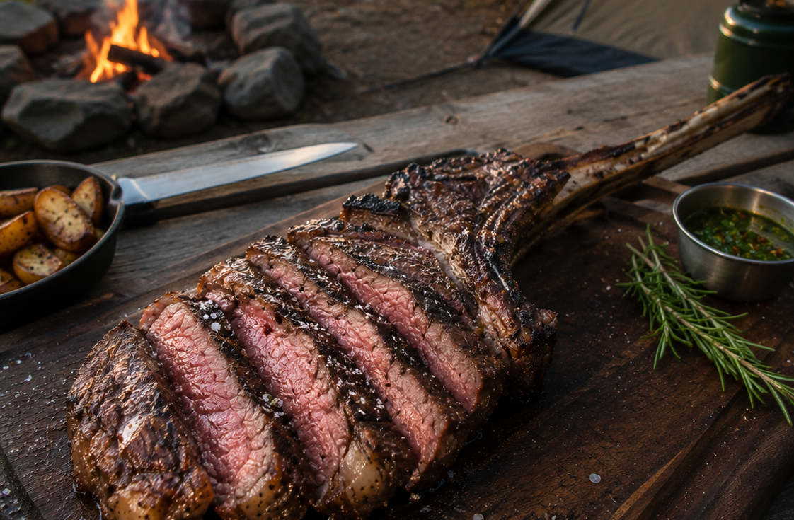 Tomahawk Steak met grillstrepen op een brandende houtskoolbarbecue met een takje rozemarijn