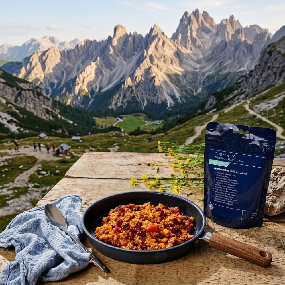 Trek'n Eat Chili Sin Carne kant-en-klare vegetarische outdoor maaltijdverpakking met bonen en sojavleessaus in de bergen