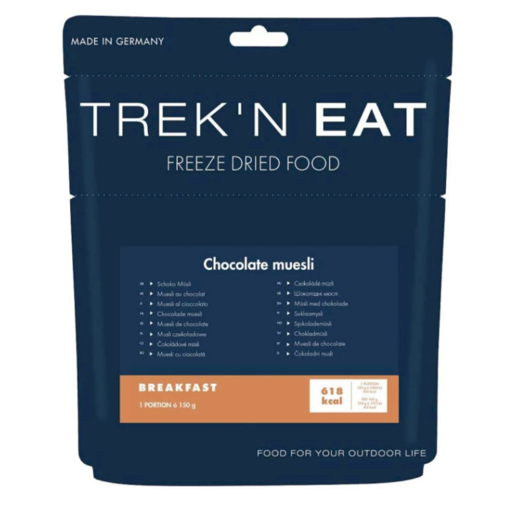 Trek'n Eat chocolade muesli in een stazak, een voedzaam gevriesdroogd outdoor ontbijt met stukjes chocolade