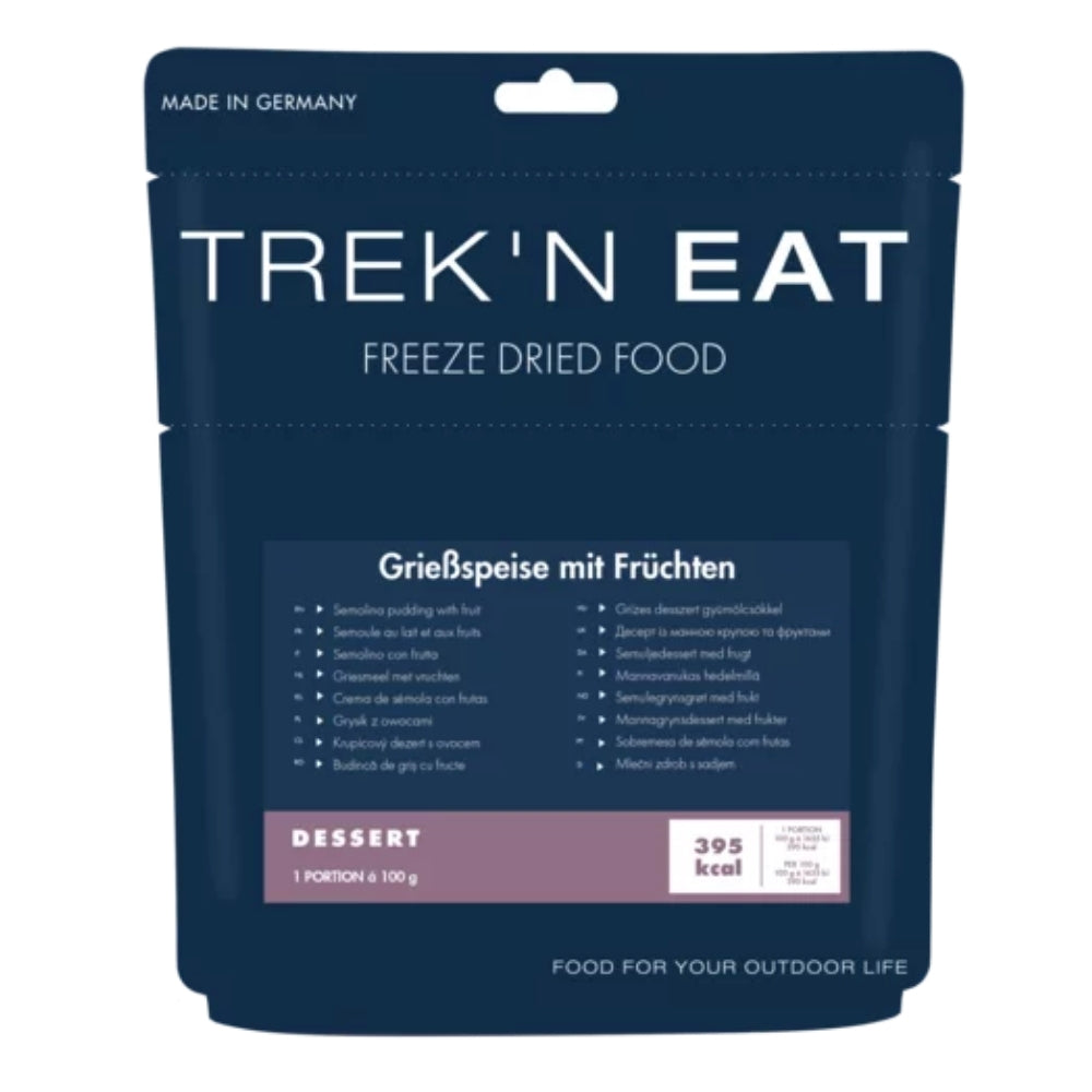 Trek'n Eat griesmeelpudding met vruchten, een gevriesdroogd outdoordessert in een hersluitbare stazak