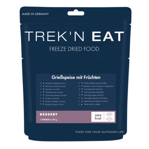 Trek'n Eat griesmeelpudding met vruchten, een gevriesdroogd outdoordessert in een hersluitbare stazak