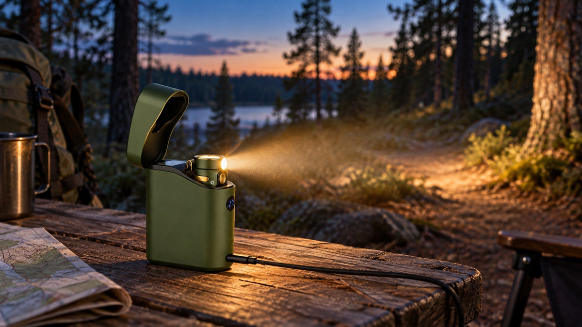 Olight Baton 4 zaklamp op een kampeertafel bij een bospad