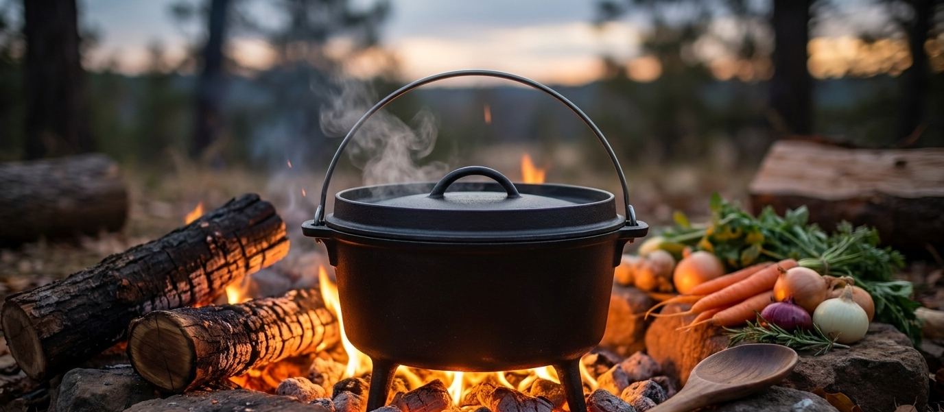 Gietijzeren Dutch oven met deksel op gloeiende kampvuurkolen, met groenten en een houten lepel ernaast