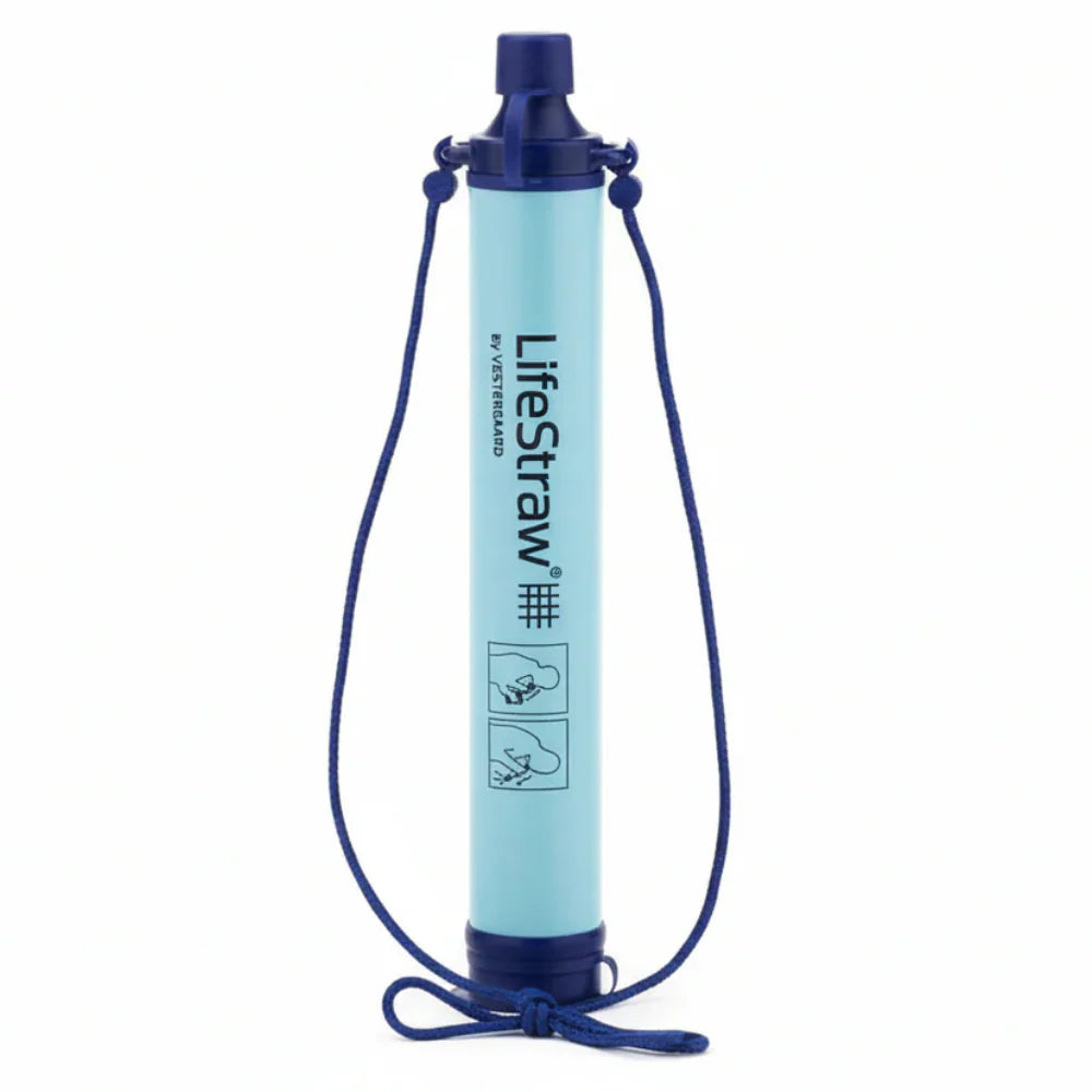 Klassieke LifeStraw Personal Waterfilter in het herkenbare outdoor blauwe design.