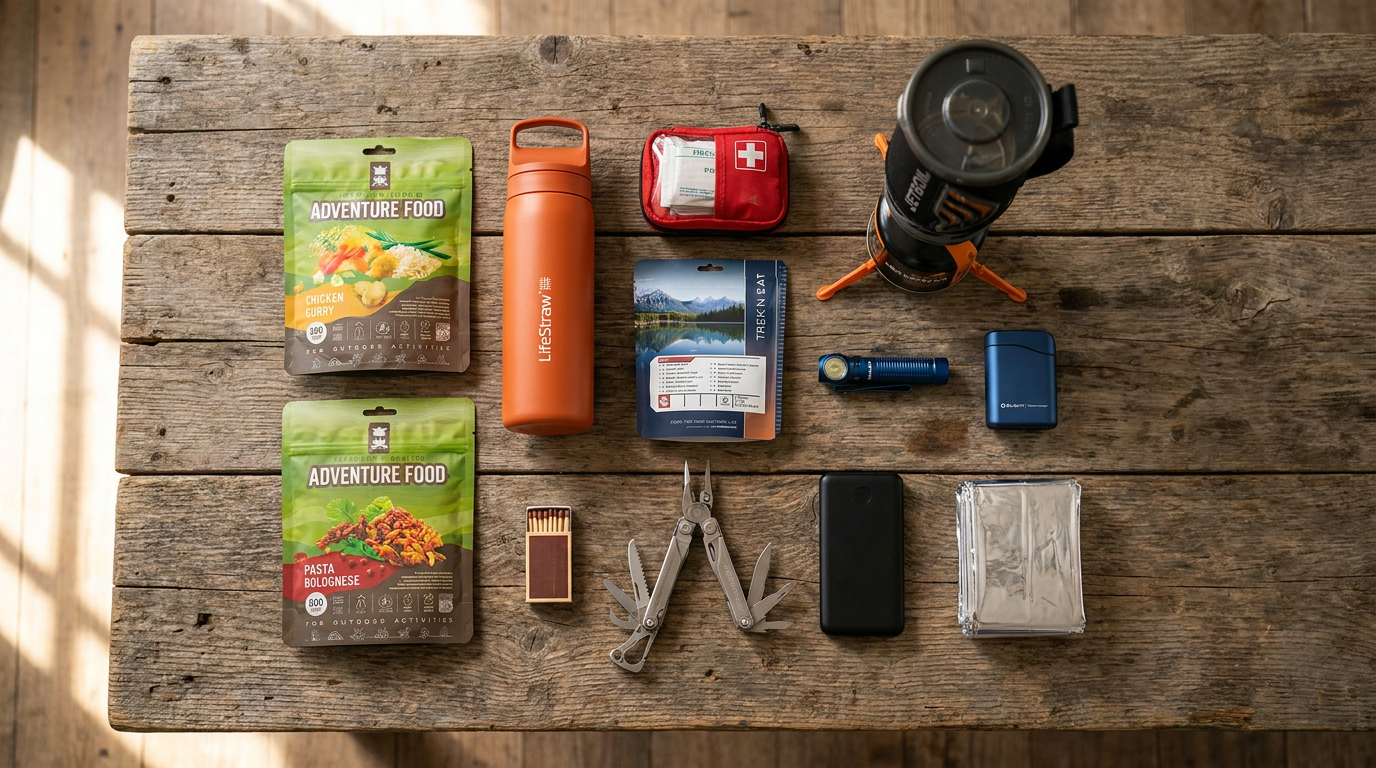 Noodpakket samenstellen met Adventure Food maaltijden, LifeStraw fles, EHBO-set, kooktoestel, hoofdlamp en powerbank op een houten ondergrond
