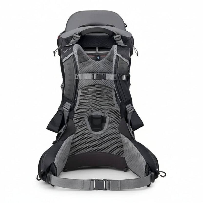 Osprey Poco Premium Child Carrier Black comfortabele zwarte kinderdrager met ingebouwd zonnescherm en opbergvak