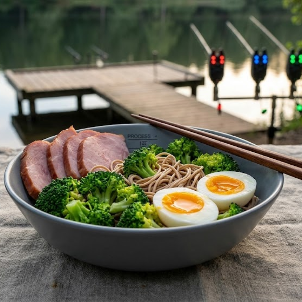 Een kom dampende miso-noedelsoep met volkoren noedels, heldergroene broccoli, plakjes gerookte kip en een gehalveerd gekookt ei met een zachte eidooier, geplaatst op een houten tafel bij een vissteiger aan een kalm meer.